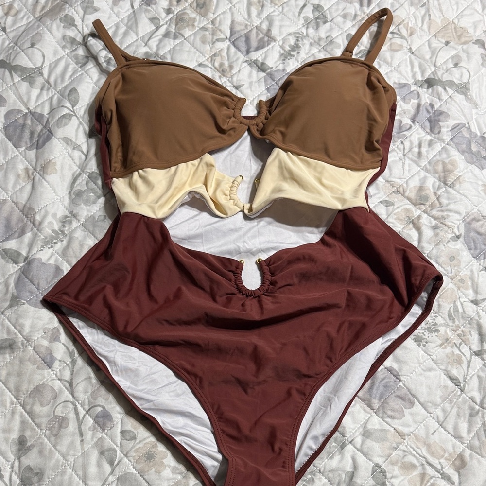 Colorblock Brown and Cream Women's one piece swimsuit 2x
